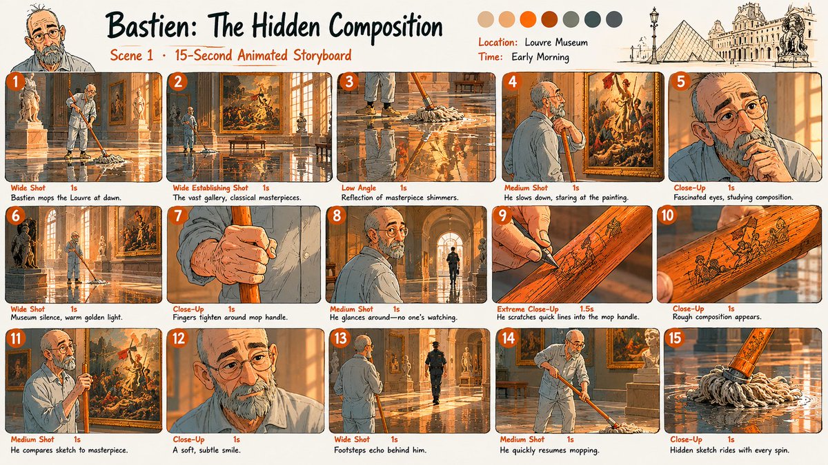 15秒动画分镜图板，《Bastien：隐秘的构图》（Bastien: The Hidden Composition），分镜展示，专业动画提案板，井然有序的分镜…