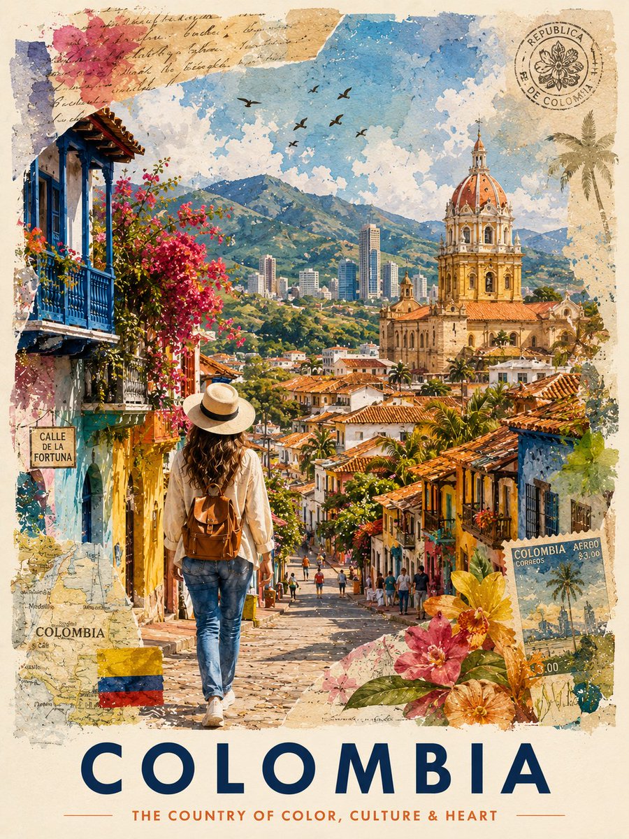 奢华混合水彩拼贴风格的哥伦比亚旅行海报插画，融合优雅的手绘水彩艺术、复古拉丁美洲旅行海报美学以及分层编辑剪贴簿设计。一幅电影感的卡塔赫纳鹅卵石街景，画中满是色彩斑斓的殖民建筑、赤…