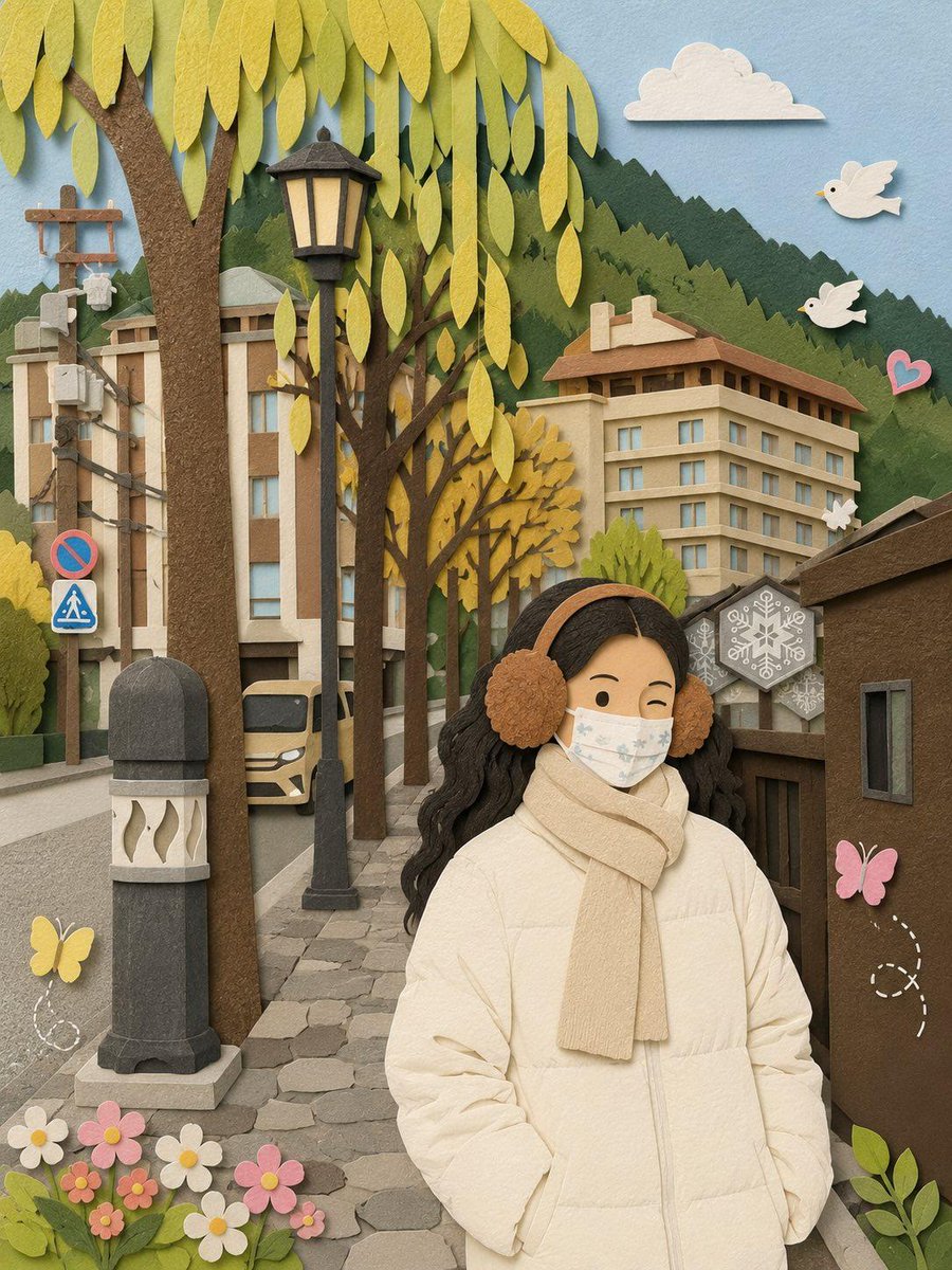 https://t.co/69e4qnGsma 将这张照片转化为纸艺手工作品。简化细节，让一切看起来像是由层层剪纸拼贴而成，并调整整体构图，使其感觉柔和、可爱且赏心悦目。可以自由…
