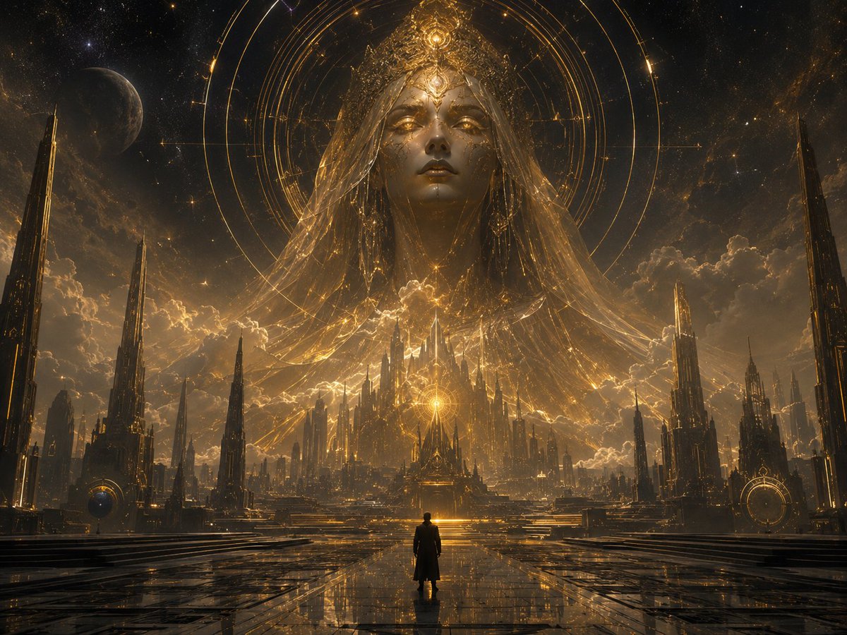 庞大天体的女性实体，高耸于一座巨大的未来主义神圣城市之上，流光溢彩的金色宇宙面纱飘入云端与星辰，被宏大的同心光环几何图形与神圣的天文圆环环绕的熠熠生辉的眼眸…