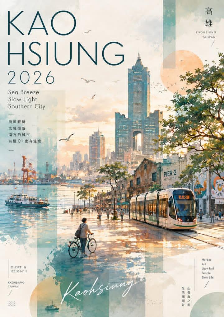 高雄,台湾水彩拼贴风格旅行海报,竖版布局,柔和粉彩与暖色调黄金时刻配色。 场景:日落时分的水滨步道,右侧有一辆现代轻轨电车,左侧一人推行自行车,行人沿步道漫步…