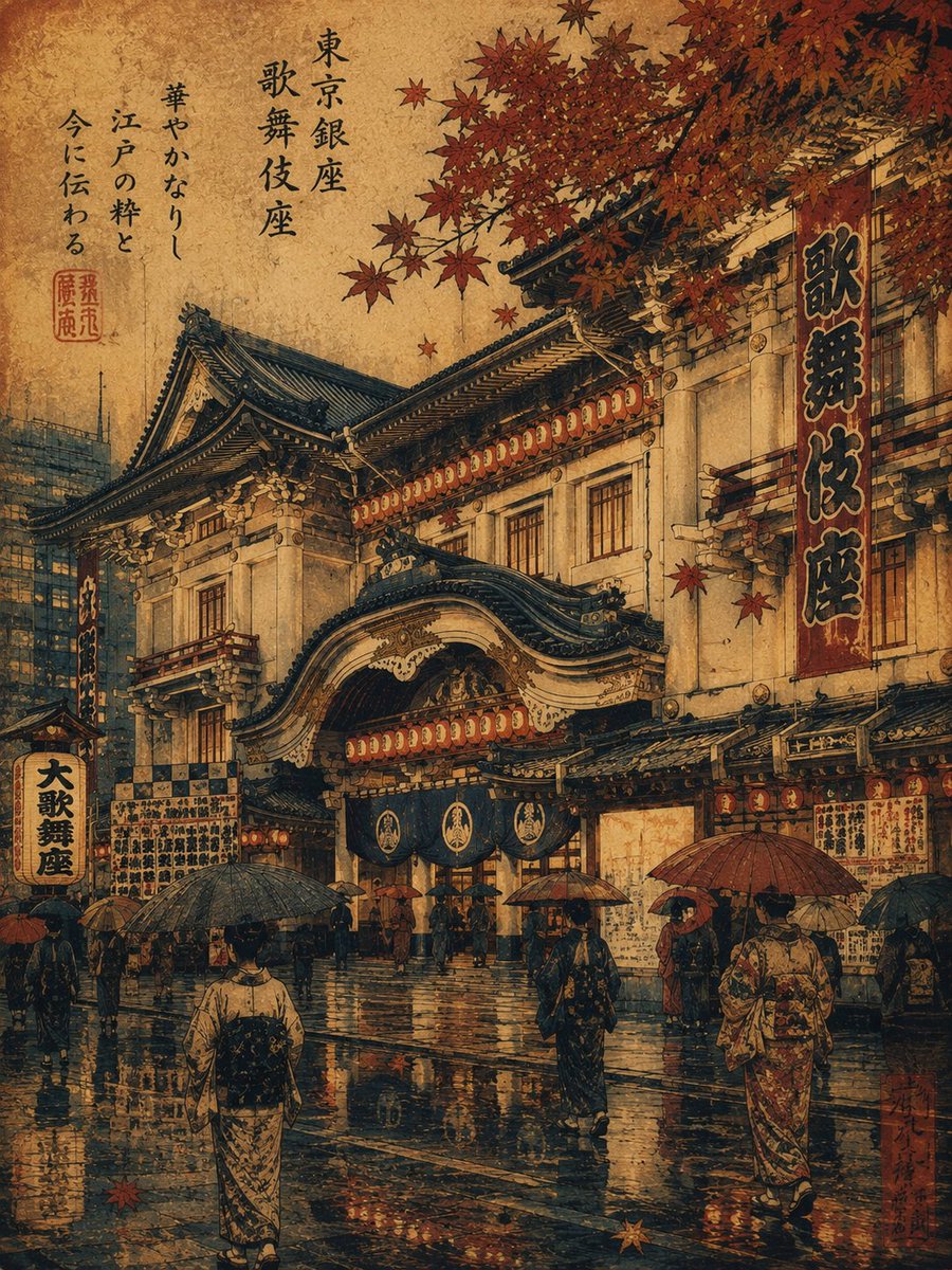 一幅受复古日本浮世绘启发的旅行海报插画,描绘日本东京东京巨蛋(Tokyo Dome)在雨夜秋日傍晚的景象。巨大的灯火通明的穹顶体育场巍然矗立于画面中央,在东京摩天大楼与背景游乐设…