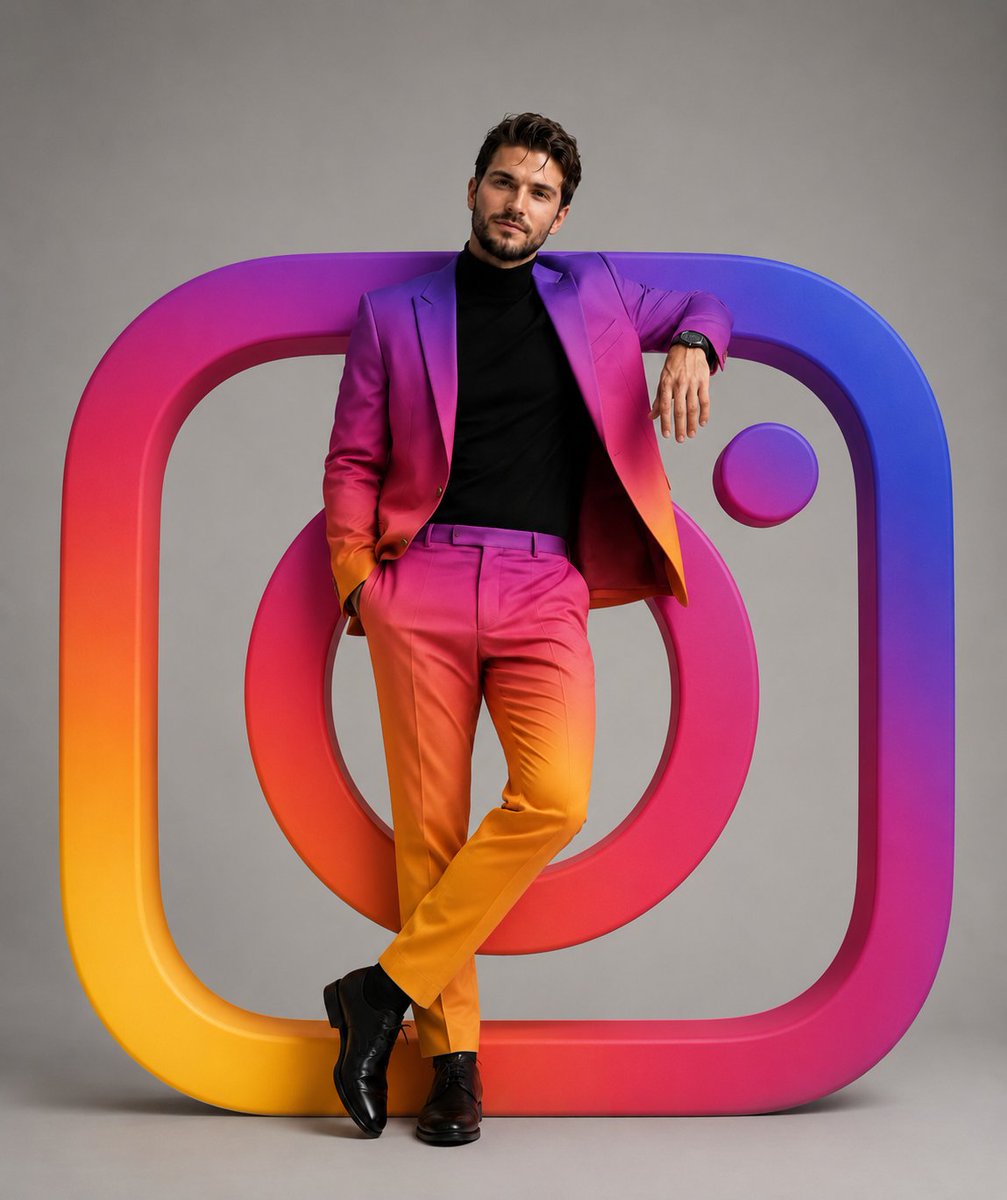 超写实奢华工作室时尚人像，帅气男士随意倚靠在一个巨大的3D Instagram标志旁。Instagram标志尺寸超大，质感光亮，采用标志性的鲜艳渐变色彩，融合浅黄、橙色、粉色、紫…
