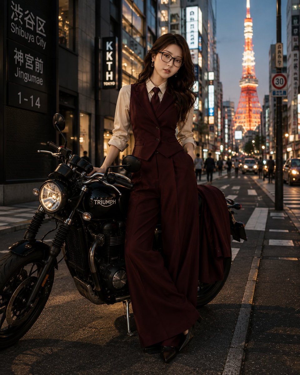 超现实电影感时尚编辑风格照片，一位优雅的女性（参考图中给定）站在狭窄的东京街道上，旁有一辆黑色凯旋摩托车，蓝色时刻，背景中东京塔闪耀发光，街道湿润反光，温暖的…
