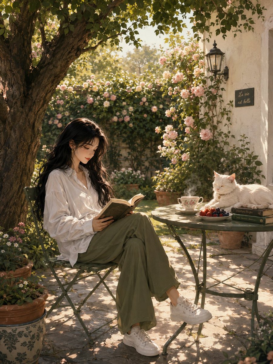 GPT Image 2 on ChatGPT 提示词⤵️ 宁静的阳光下花园场景,采用竖向构图:一位年轻女子长发如瀑、乌黑亮丽,在大树下的一把绿色金属法式咖啡椅…