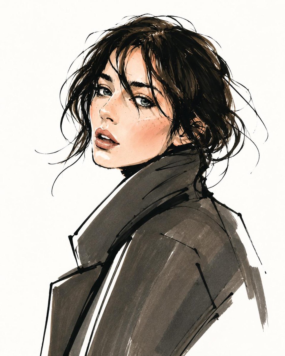 把这张照片转变成《Vogue》风格的时尚插画,同时保留人物的身份、面部特征和相貌。极简手绘素描,优雅拉长的比例,粗犷的黑色墨水轮廓,宽松自信的线条,平涂的马克笔色彩,细腻的腮红点…