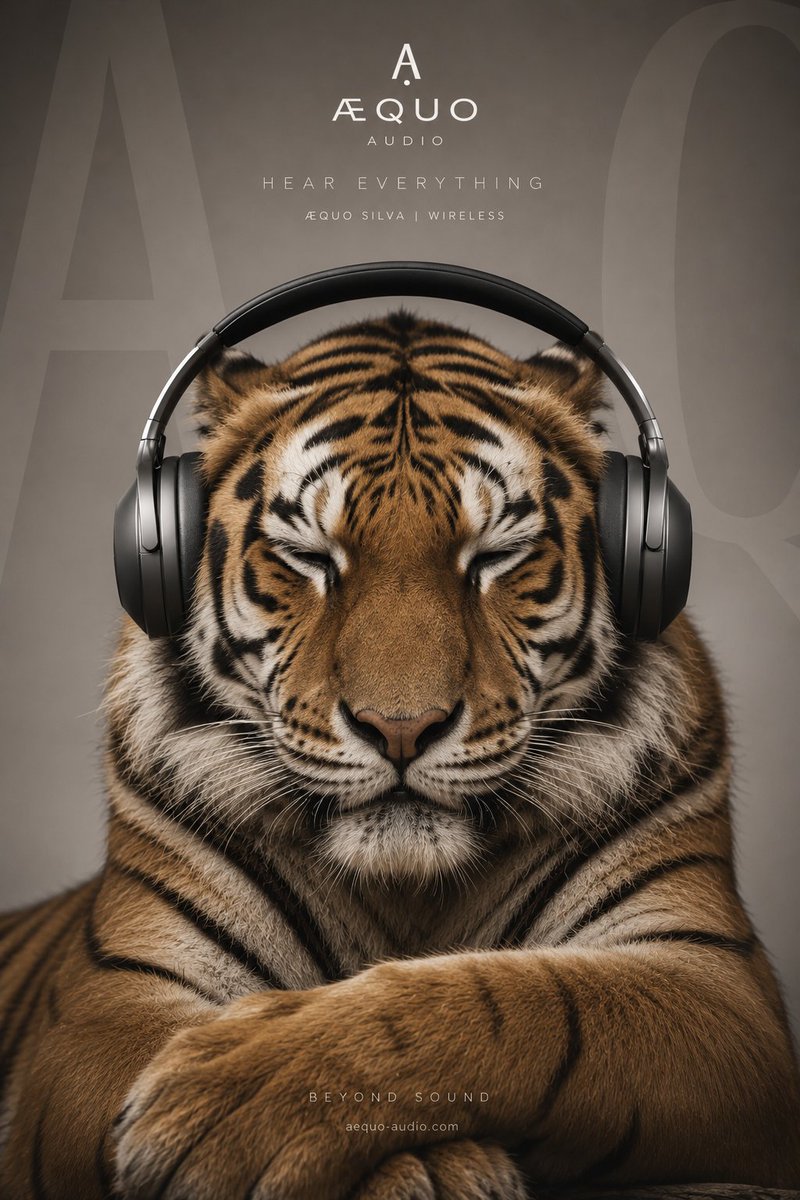 超写实奢华音频宣传海报,画面中一只威严的银背大猩猩戴着优雅的石墨黑高级无线包耳式耳机,全神贯注地放松聆听音乐。大猩猩表情平静,双眼半闭,流露细腻自然的情感,皮肤与毛发纹理高度细致…