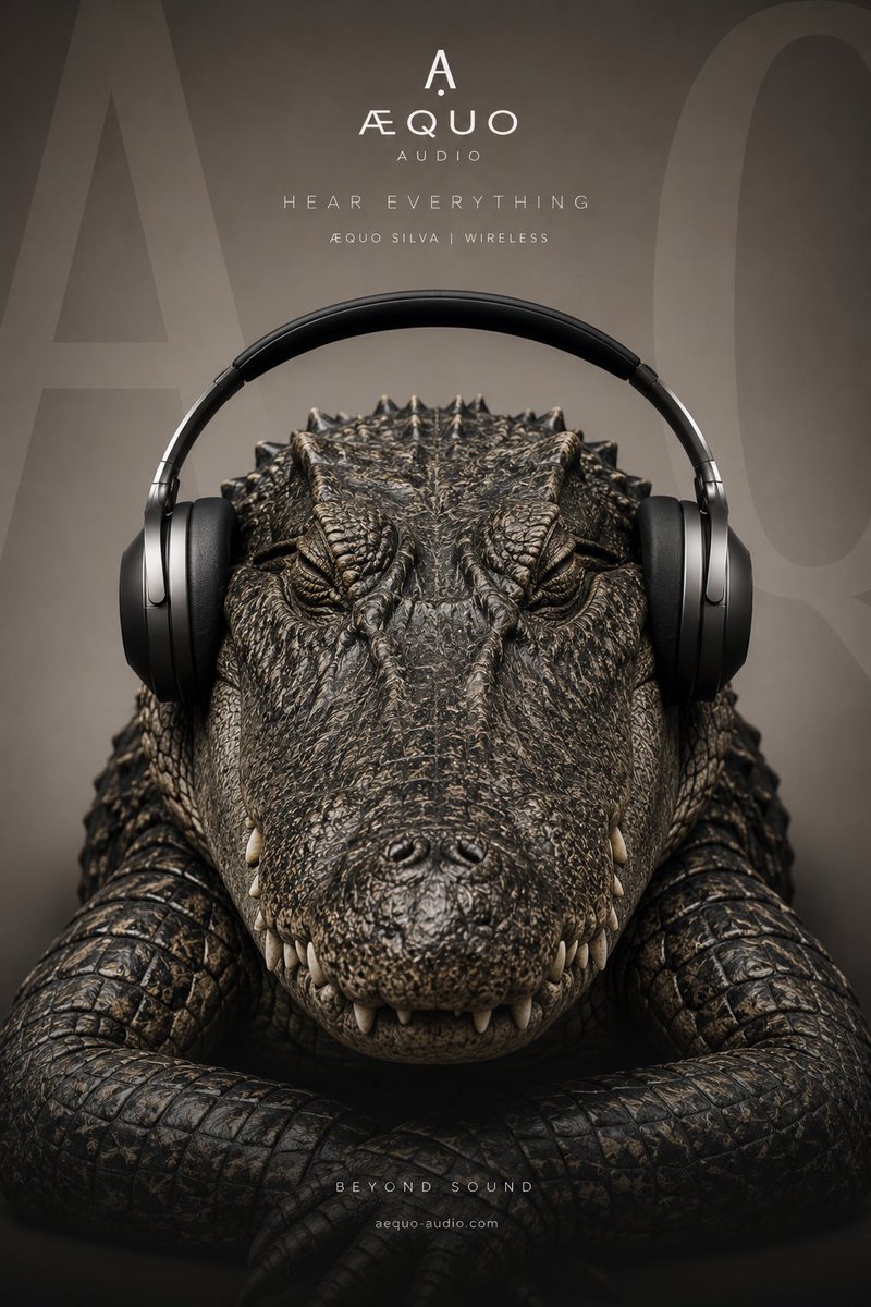 超写实奢华音频宣传海报,画面中一只威严的银背大猩猩戴着优雅的石墨黑高级无线包耳式耳机,全神贯注地放松聆听音乐。大猩猩表情平静,双眼半闭,流露细腻自然的情感,皮肤与毛发纹理高度细致…