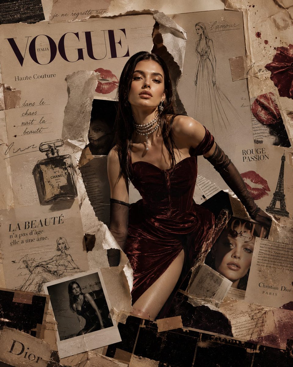 超高端超现实复古编辑拼贴画，灵感源自《Vogue Italia》意大利版与90年代奢侈时尚大片，一位令人惊艳的T台缪斯从碎片化的 vintage 杂志封面中走出，仿佛穿越层层印刷…