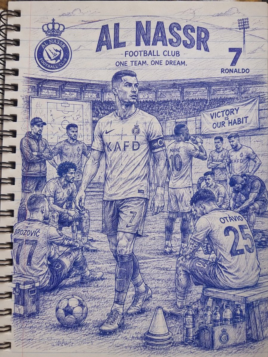 一幅高度精细的单色蓝色圆珠笔素描插画,绘制于螺旋装订笔记本内页之上,描绘克里斯蒂亚诺·罗纳尔多(Cristiano Ronaldo)与阿尔纳斯尔足球俱乐部(Al Nassr Fo…