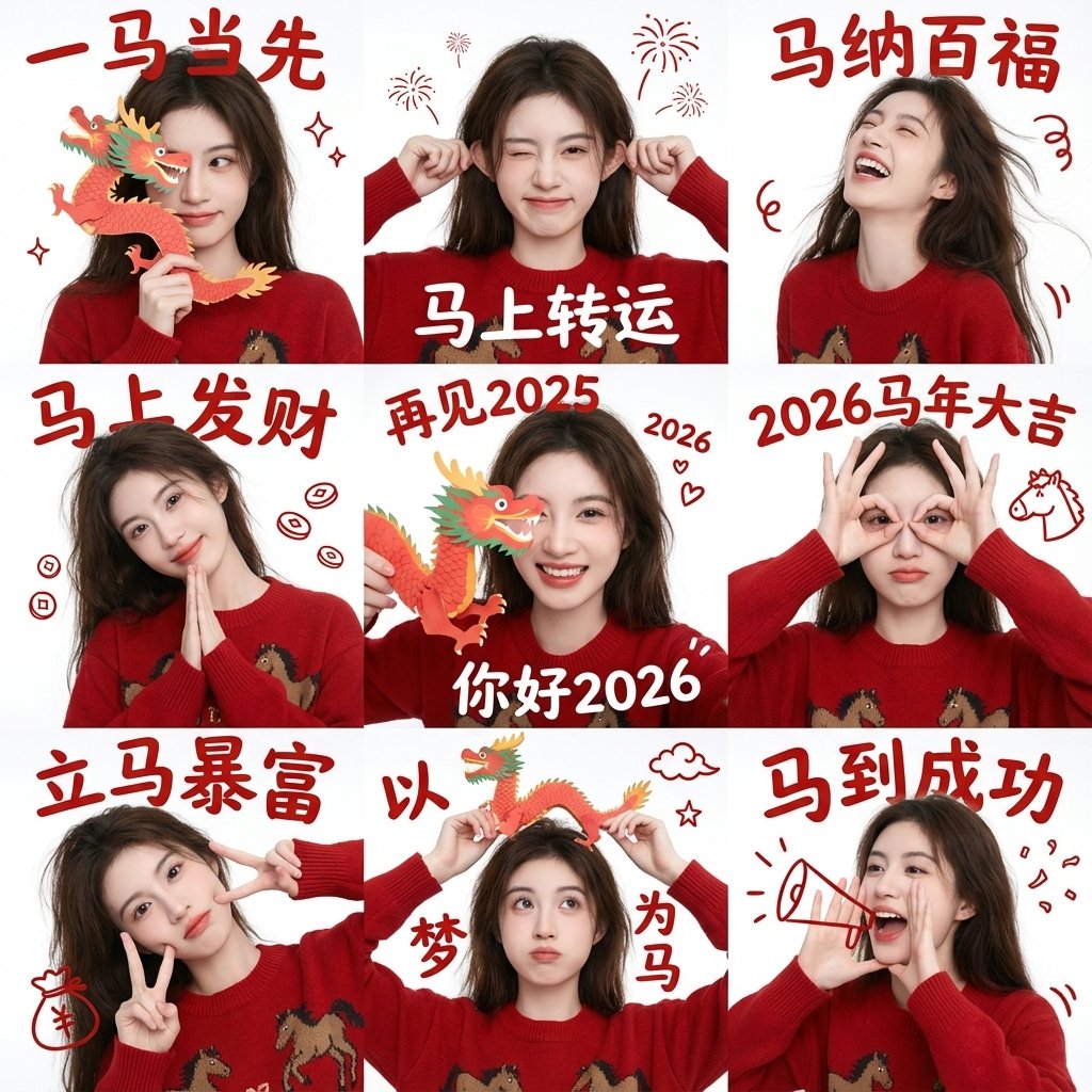 https://t.co/3uRKENb40M 提示词: { "project_settings": { "task_type": "3x3 新年祝福人像九宫格(男生版)", "…