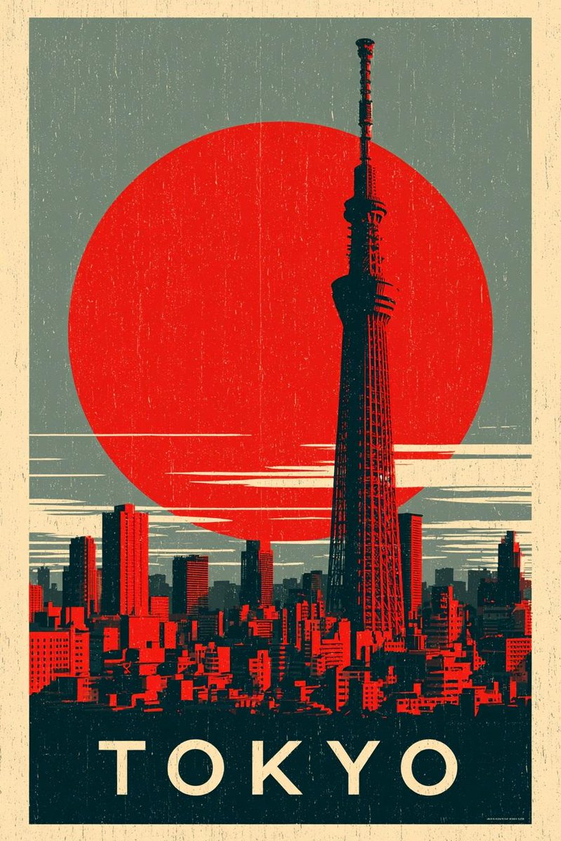 复古怀旧旅行海报系列,标志性世界城市与地标,东京天际线配晴空塔与巨大红日,巴黎埃菲尔铁塔金色日落映照波光粼粼的河面,纽约天际线配自由女神像与复古红日背景,里约热内卢海岸线配基督救…