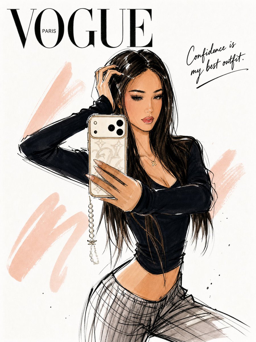 👇 将这张照片转换为《Vogue》风格的时装插画,保留人物的身份特征和面部细节。极简手绘时装速写,优雅纤长的比例,粗黑墨线轮廓,松散自信的笔触,平涂马克笔色彩,抽象的腮红色块,图…
