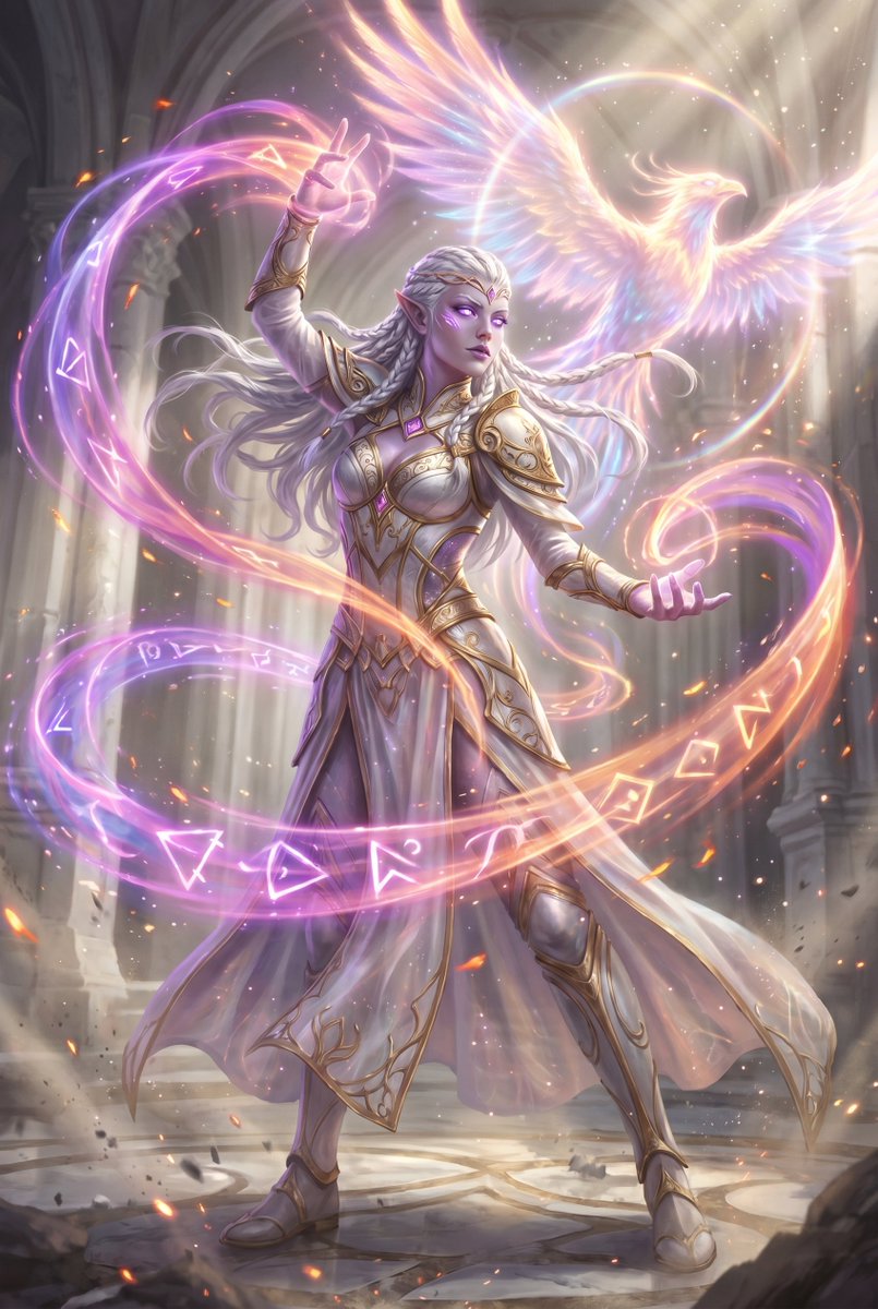 超精细电影级奇幻角色肖像,深色中世纪高奇幻美学,戏剧性战斗姿势。 一位威严的高精灵战士法师,名为织光者伊蕊蒂亚(Iridia, the Lightweaver)。苍白发光的肌肤…
