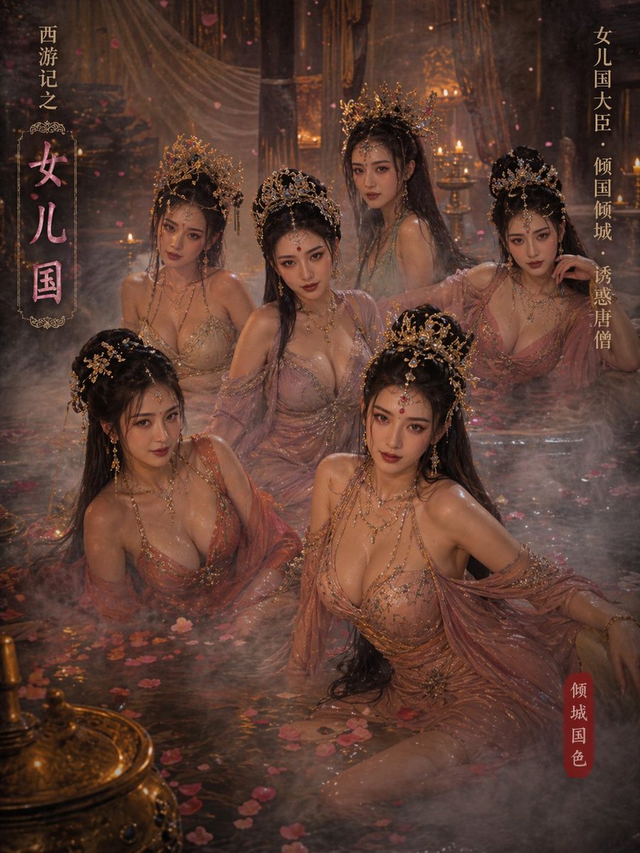 https://t.co/8SFH8wLMrf 提示： 《西游记》中女儿国的诱人宣传海报：六位美艳动人的女官在奢华的皇家后宫温泉中一同沐浴，笼罩在梦幻朦胧的雾…