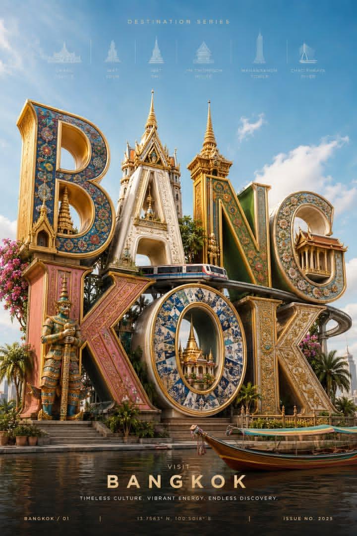曼谷3D写实风格旅游海报,竖版构图,晴朗明亮的白天,蓝天清澈,云朵柔和。 主体:由巨大华丽的3D字母组成的"BANGKOK"矗立在海滨。每个字母都按照泰国建筑…