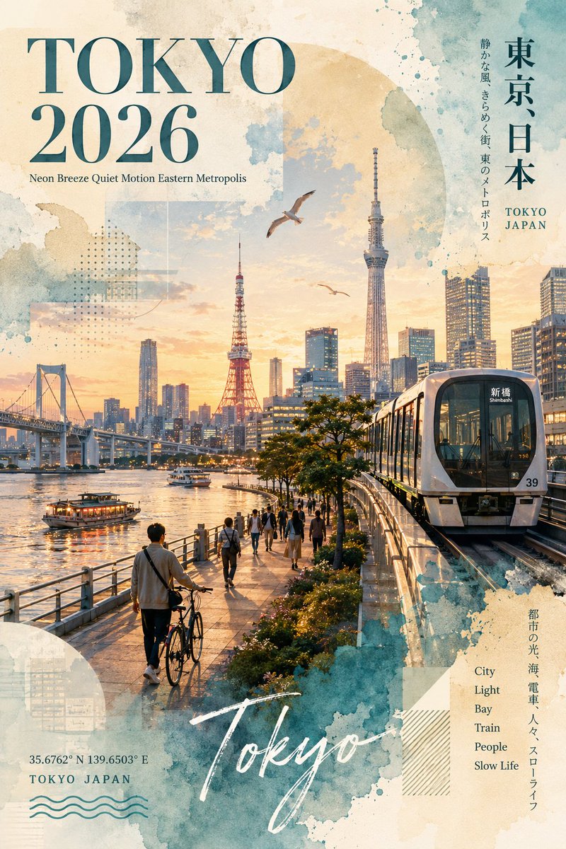以东京为主题的旅行海报,采用水彩画+拼贴风格。竖构图。柔和的粉彩色与暖色调,营造黄昏黄金时段的氛围。 场景: 黄昏时分的东京水滨。右侧是未来感十足的百合海鸥号电车,左侧是一人推着…