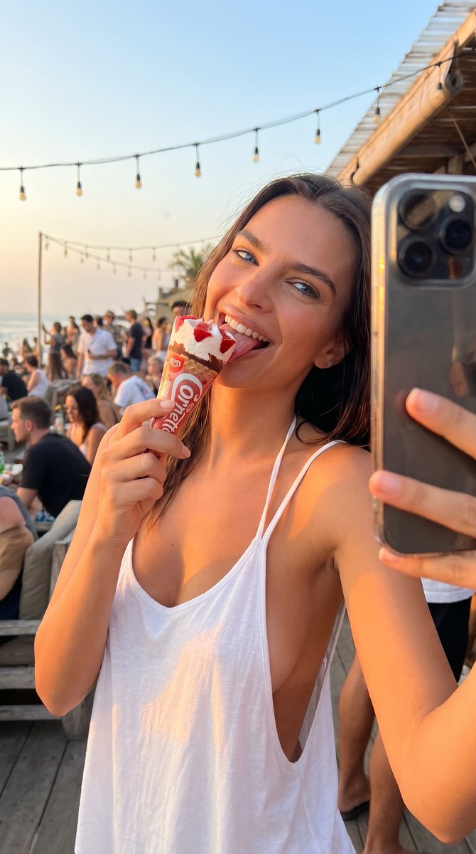 业余特写微模糊自拍的美味惊艳意大利瘦削棕发女友 emily ratajkowski,正在舔食一个草莓奶油甜筒(cornetto gelato),并在日落时分一家繁忙的酒吧里大笑…