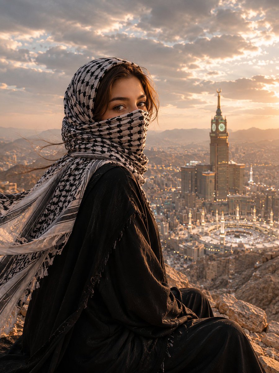 GPT image 2 { "prompt": "Cinematic portrait of a young Muslim woman standing on…
