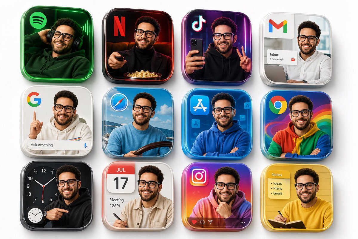{ "model": "gpt-image-2", "prompt": "Create a premium 3D grid of 12 square app icons arra…