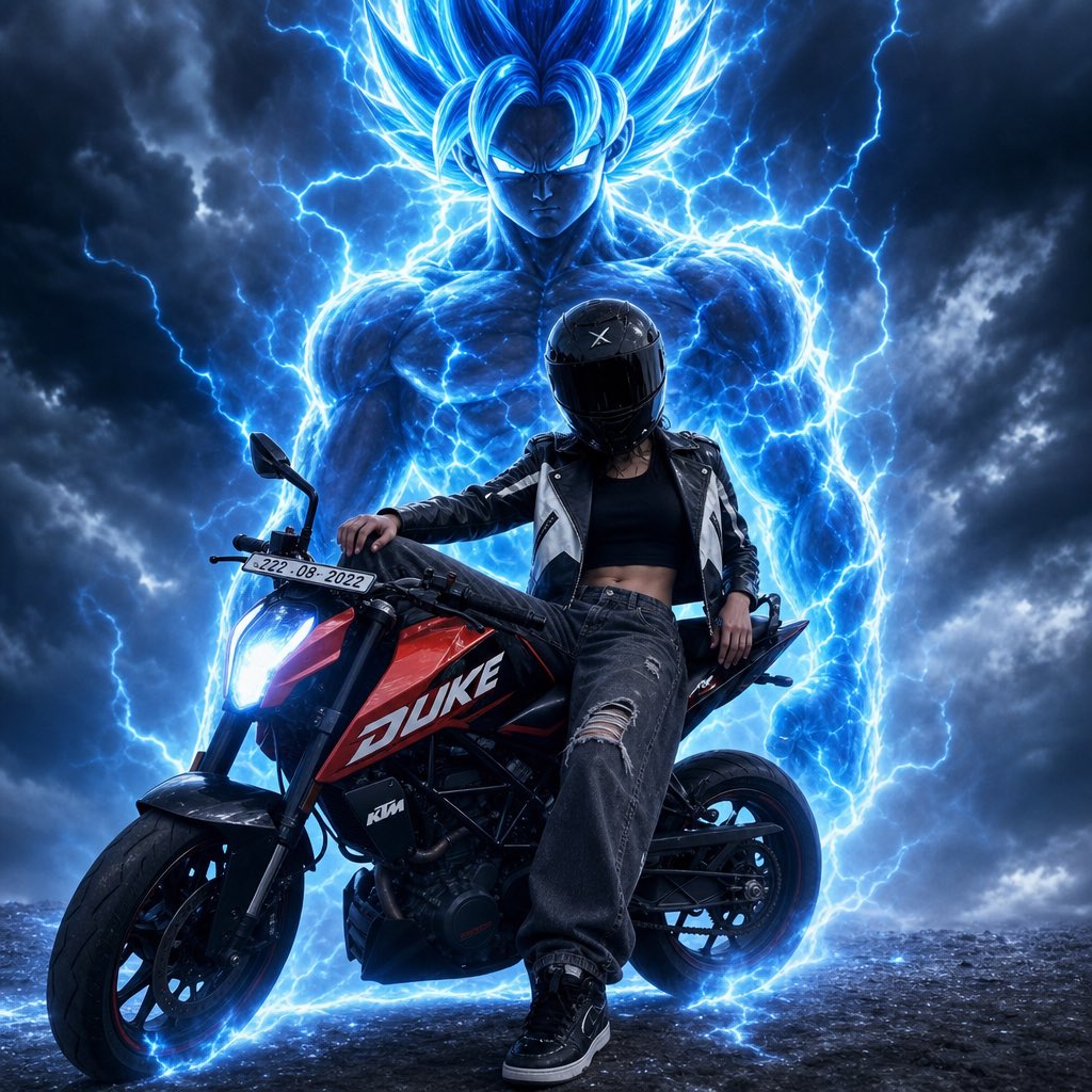 超现实电影感动漫剪辑:一位年轻的女骑手坐在一辆红色 KTM Duke 运动摩托车上,姿势和正面角度与参考图完全一致,身穿黑色短款上衣、黑白皮革夹克、破洞超大宽松深灰色牛仔裤、黑色…
