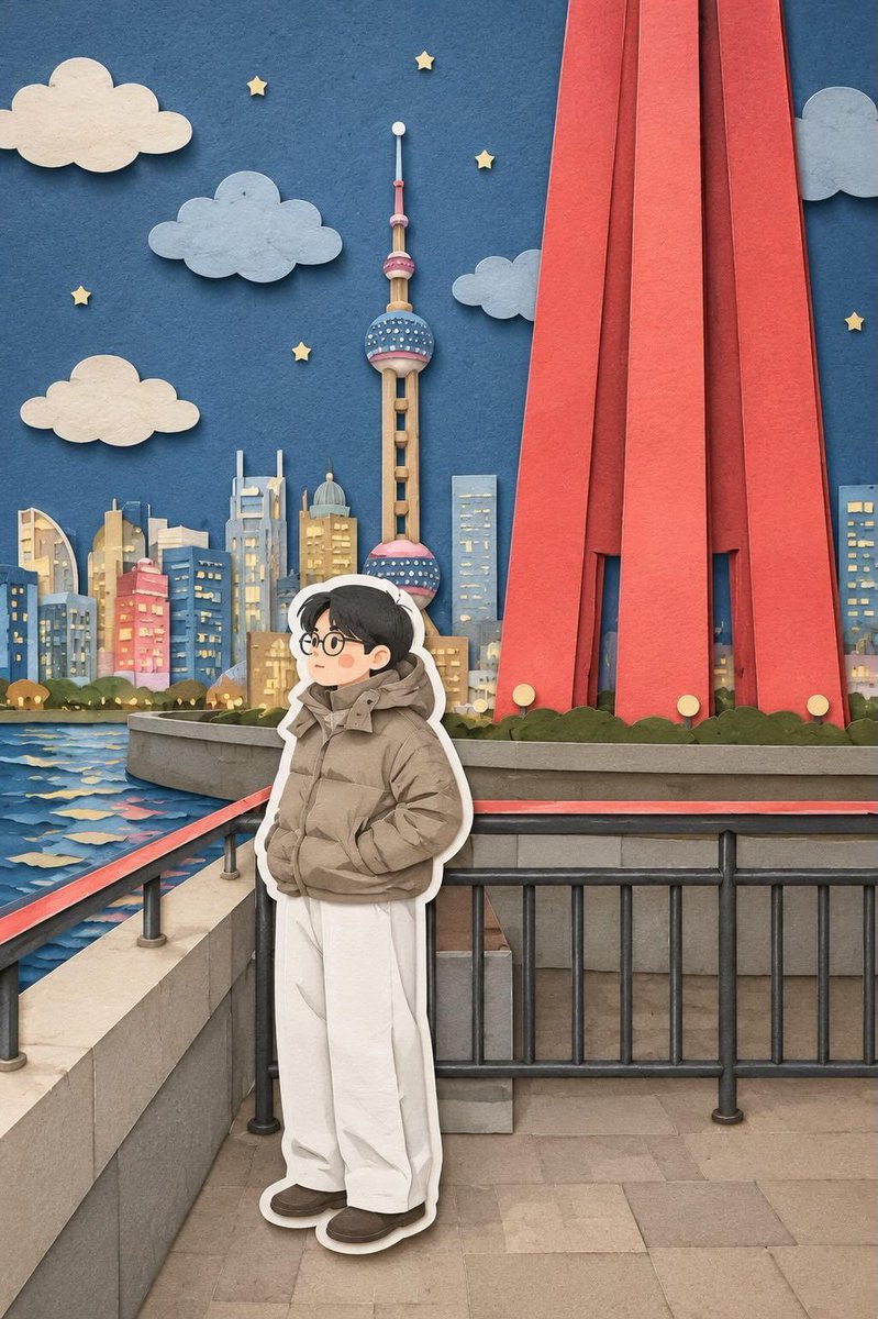 将这张图片转换为柔和的手工剪纸分层插画风格,灵感源自纸艺立体场景的美学。使用平滑圆润的形状、简化的可爱角色比例,以及极简的面部细节(圆点眼睛、腮红脸颊),营造出温暖迷人的视觉效果…