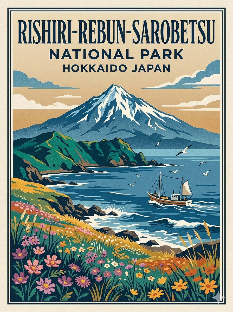 复古风国家公园旅行海报插画，描绘日本北海道利尻礼文佐吕间国立公园，雄伟的雪山耸立于宁静的海湾之上，郁郁葱葱的翠绿悬崖与嶙峋的海岸线，色彩缤纷的野花盛开于前景，宁静的蔚蓝色海浪轻轻…