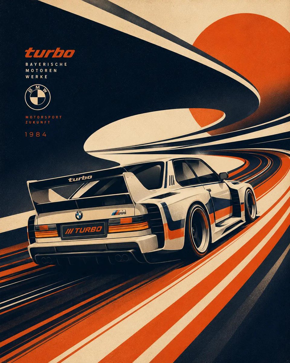 未来主义复古丝网版画插画，[BRAND] 风格的 [VEHICLE] 概念车在巨大流动的图形曲线和抽象的高速道路形态中疾驰，动态 3/4 透视，空气动力学车身，侵略性的姿态与复古…