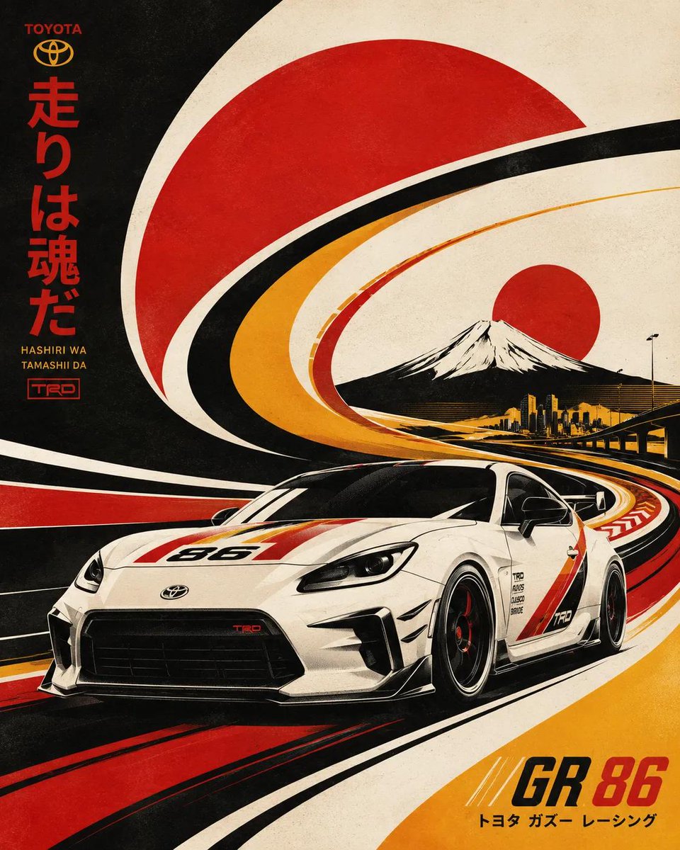 未来主义复古丝网版画插画，[BRAND] 风格的 [VEHICLE] 概念车在巨大流动的图形曲线和抽象的高速道路形态中疾驰，动态 3/4 透视，空气动力学车身，侵略性的姿态与复古…