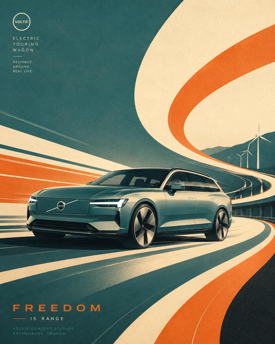 未来主义复古丝网版画插画，[BRAND] 风格的 [VEHICLE] 概念车在巨大流动的图形曲线和抽象的高速道路形态中疾驰，动态 3/4 透视，空气动力学车身，侵略性的姿态与复古…