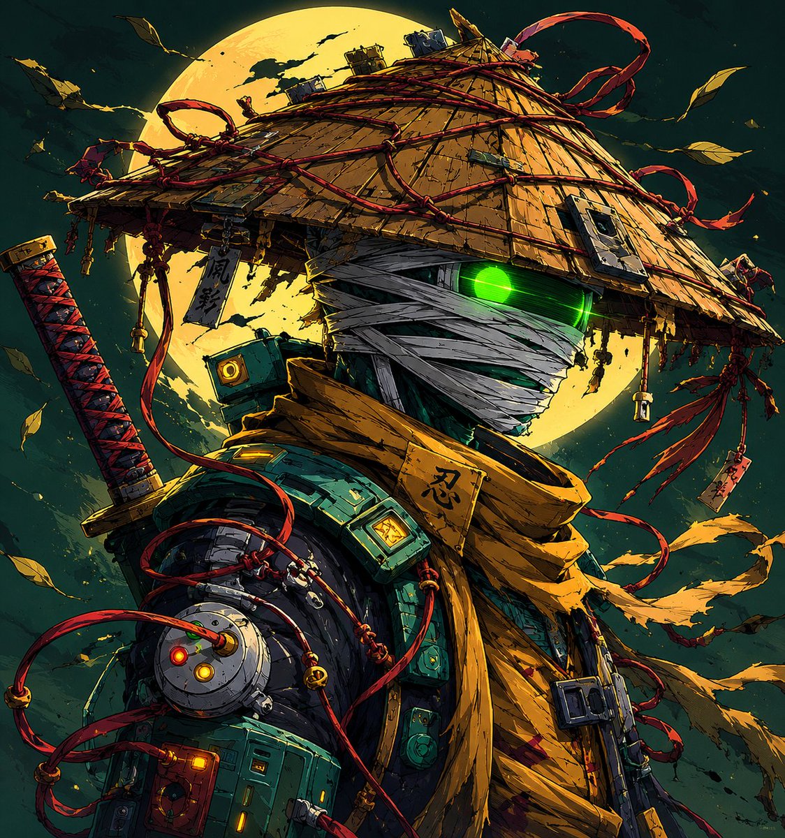 极度细致的赛博朋克武士忍者战士站在巨大发光的满月之下,神秘未来主义的浪人美学,脸部完全被白色绷带包裹,只露出一只霓虹绿发光之眼,巨大的传统日式笠帽由磨损的木材和稻草制成,以凌乱的…