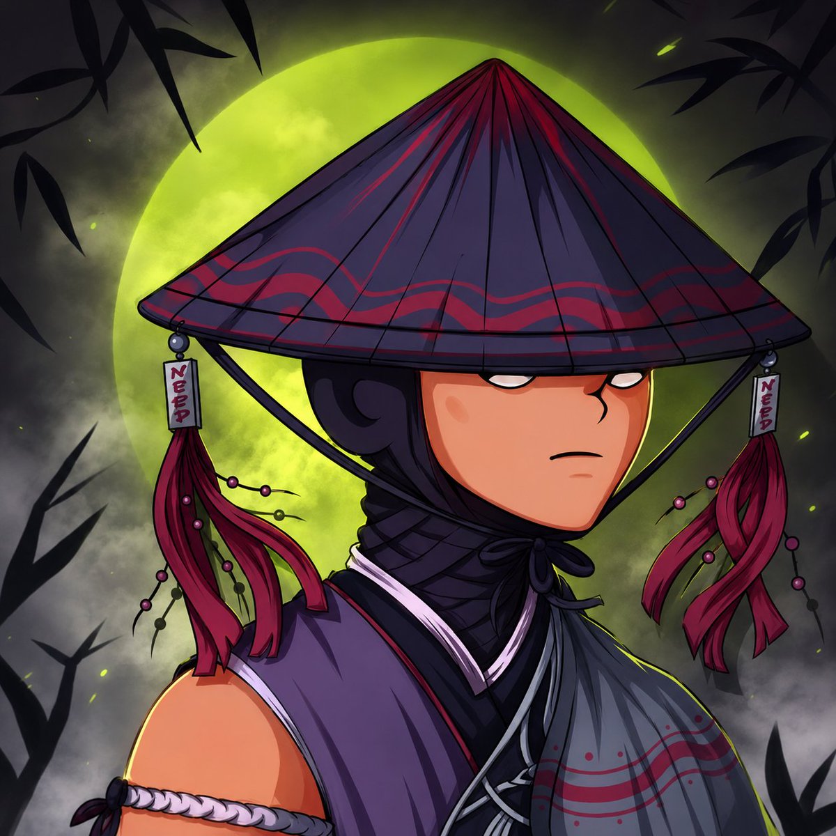极度细致的赛博朋克武士忍者战士站在巨大发光的满月之下,神秘未来主义的浪人美学,脸部完全被白色绷带包裹,只露出一只霓虹绿发光之眼,巨大的传统日式笠帽由磨损的木材和稻草制成,以凌乱的…
