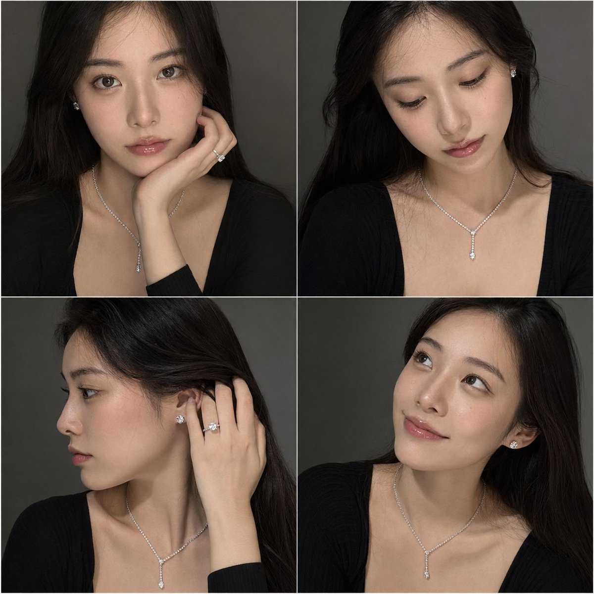 { "objective": "制作一张 2x2 的人像拼图，画面中是一位极其美丽的日本女性，佩戴奢华珠宝，以自然的智能手机拍摄风格呈现，光线柔和且真实。"…