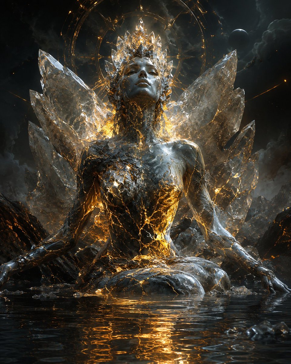 神话中由熔融转化中诞生的水晶女神,发光的金色裂痕如火山脉络般蔓延于她的身躯之上,优雅的女性形象静坐于倒映的黑暗水面,身后巨大的水晶构造宛如神圣之翼,头顶环绕天…