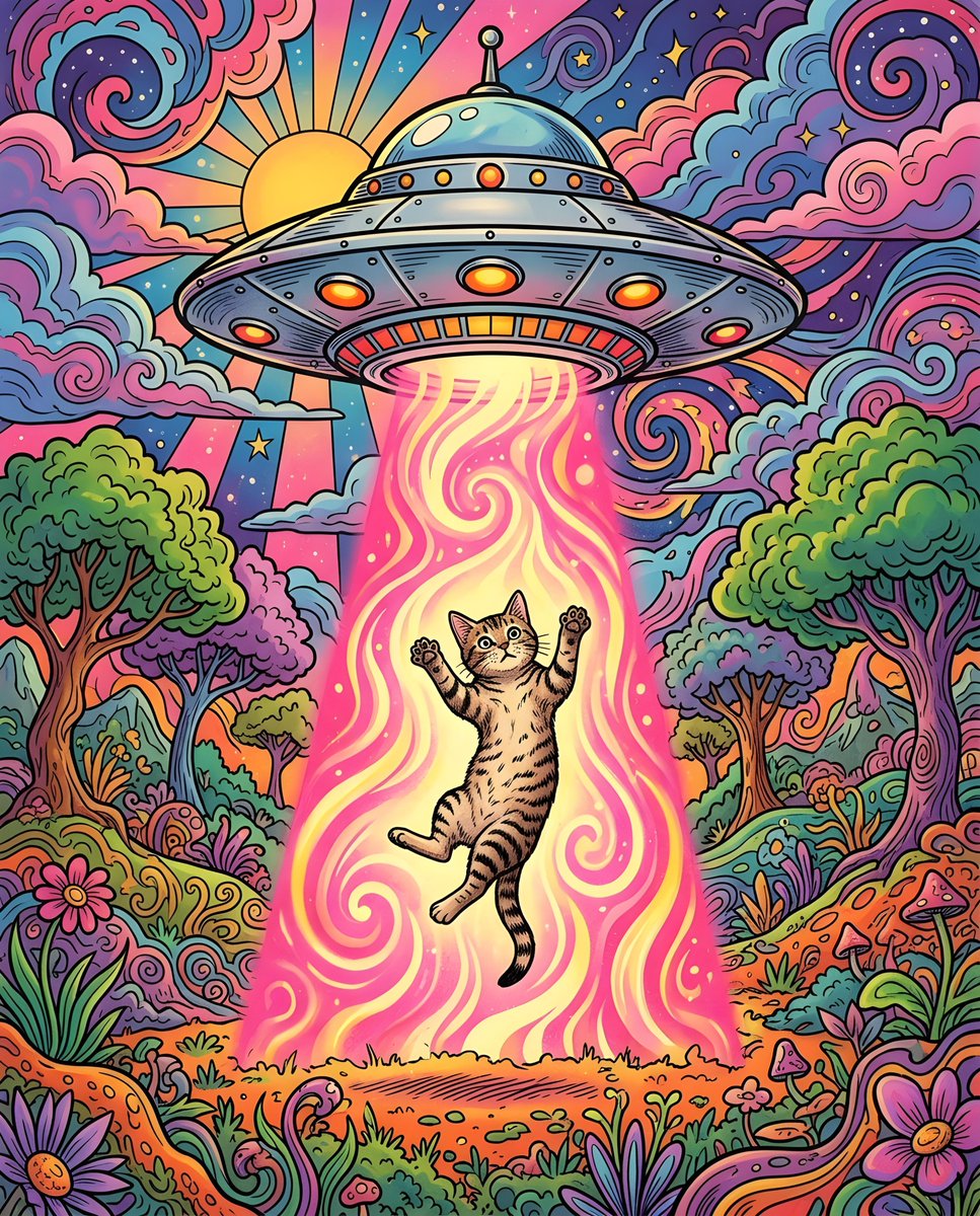 一幅复古风格的插画描绘了一个超现实的场景：一只猫被不明飞行物（UFO）绑架。这个经典的银色圆盘状飞碟带有圆顶，悬浮在空中，发射出一束明亮的粉黄色光柱。一只虎斑猫站在光柱中，爪子张…