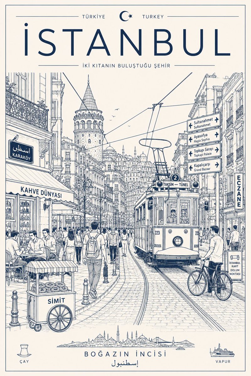 创作一张极简、超细致的[城市/地点]旅行海报，采用干净的单线矢量插画风格。展示真实日常的城市街景，而非游客明信片——包含当地行人、通勤者、骑行者、咖啡馆、餐厅、便利店、公共交通、…