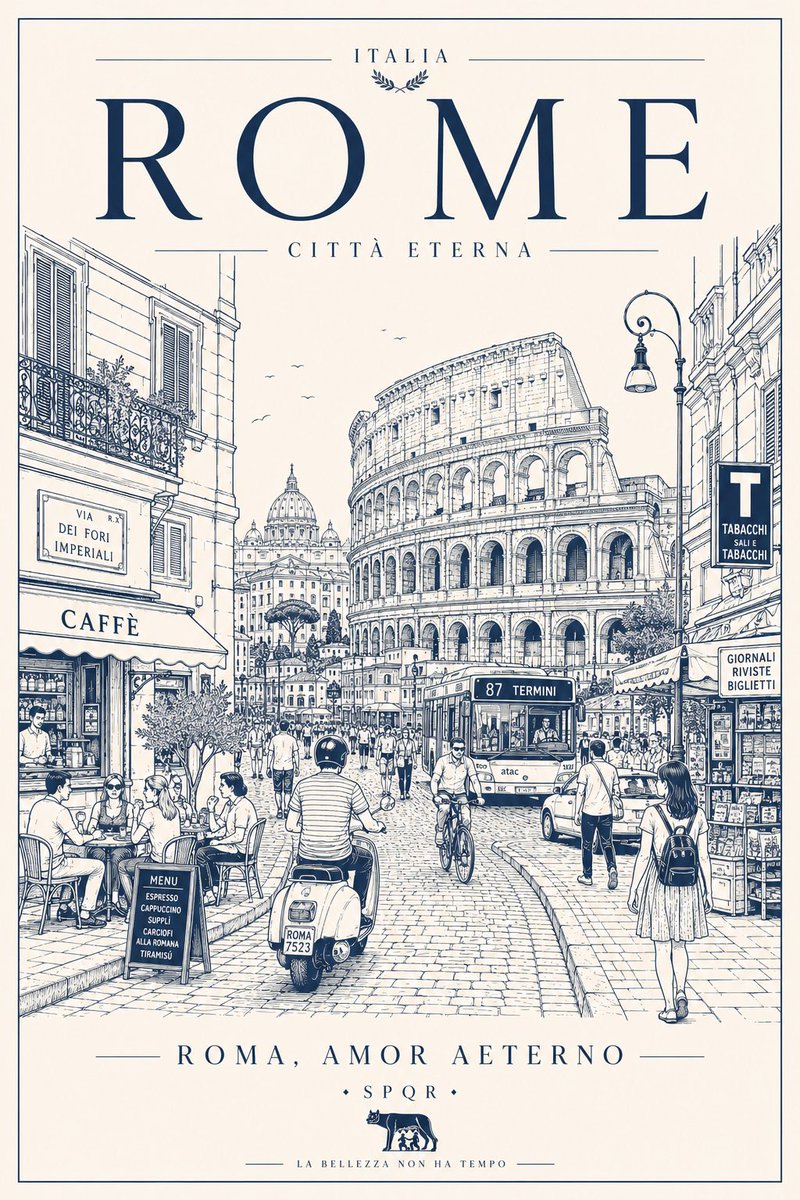 创作一张极简、超细致的[城市/地点]旅行海报，采用干净的单线矢量插画风格。展示真实日常的城市街景，而非游客明信片——包含当地行人、通勤者、骑行者、咖啡馆、餐厅、便利店、公共交通、…