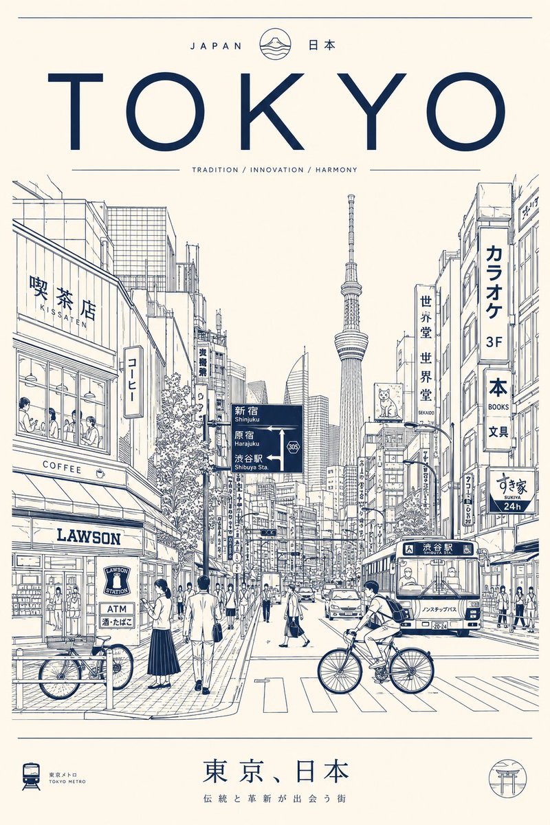 创作一张极简、超细致的[城市/地点]旅行海报，采用干净的单线矢量插画风格。展示真实日常的城市街景，而非游客明信片——包含当地行人、通勤者、骑行者、咖啡馆、餐厅、便利店、公共交通、…