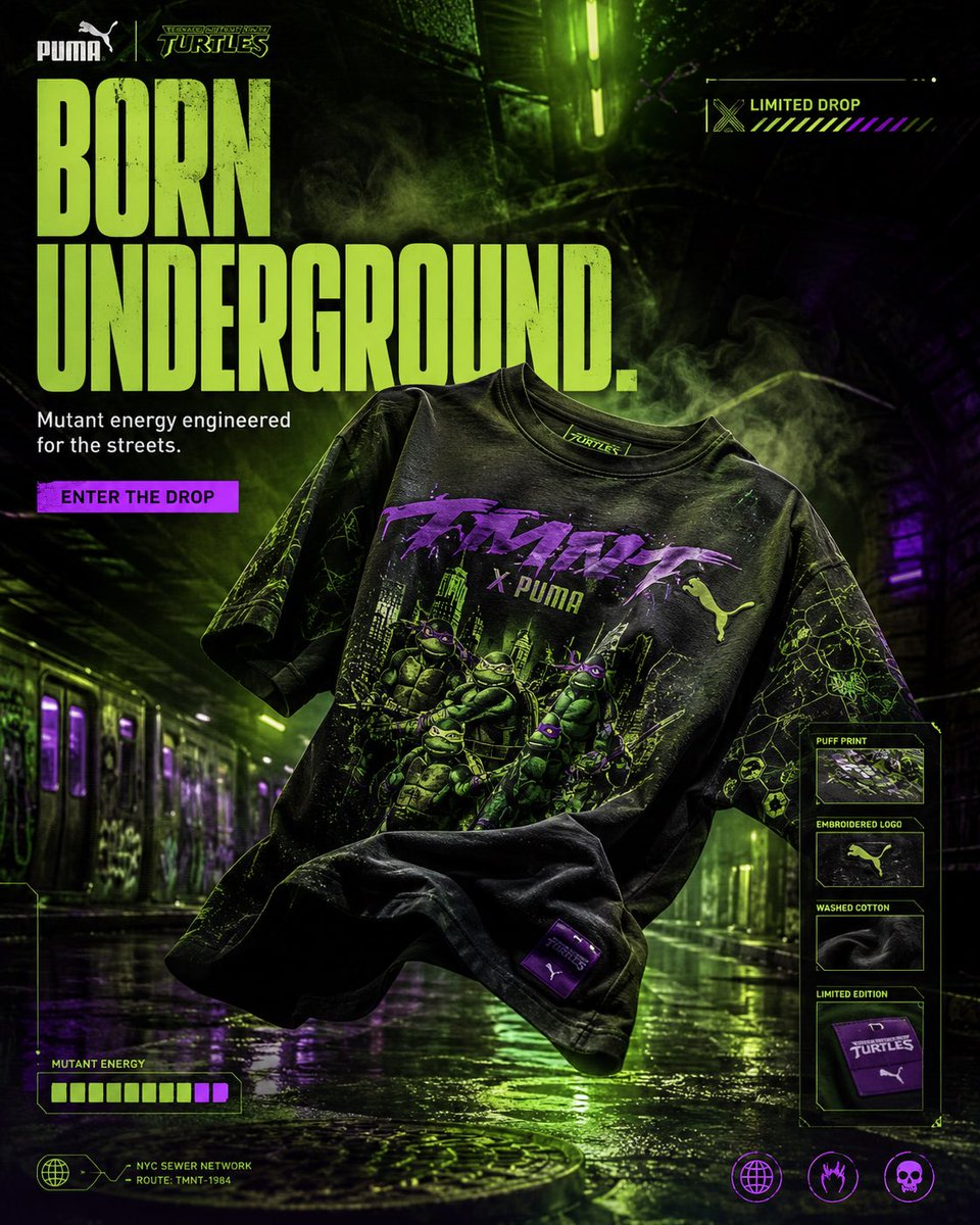 Nano Banana Pro on @SocialSight . PUMA × TMNT 街头服饰 T恤 营销活动提示词 格式： 4:5 竖版高端时尚营销大片 超现实奢华街头服…