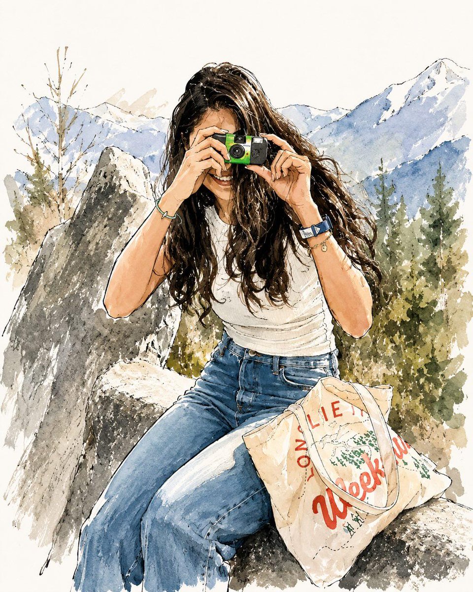 优雅水彩时尚插画：一位时尚的年轻女子穿梭于风景如画的城市和温馨咖啡馆之间,柔软的手绘水彩质感搭配富有表现力的钢笔速写轮廓,现代女性美学,长长的深色波浪卷发,搭配牛仔裤、 over…