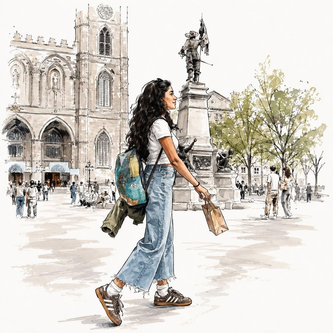 优雅水彩时尚插画：一位时尚的年轻女子穿梭于风景如画的城市和温馨咖啡馆之间,柔软的手绘水彩质感搭配富有表现力的钢笔速写轮廓,现代女性美学,长长的深色波浪卷发,搭配牛仔裤、 over…