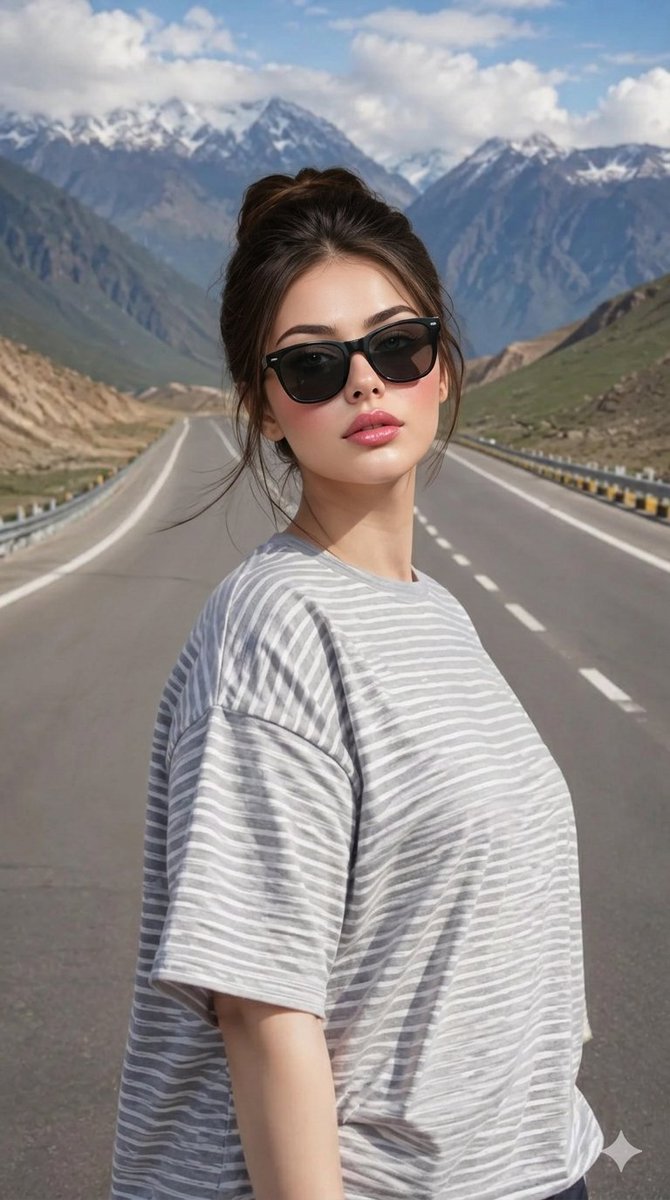 超现实风格的时尚白皙年轻女性，皮肤白皙发光，柔软波浪棕色卷发，高端黑色太阳镜，粉色光泽唇彩，超大灰白条纹T恤，优雅项链，自信地站立在空旷的公路上，电影感山脉背…