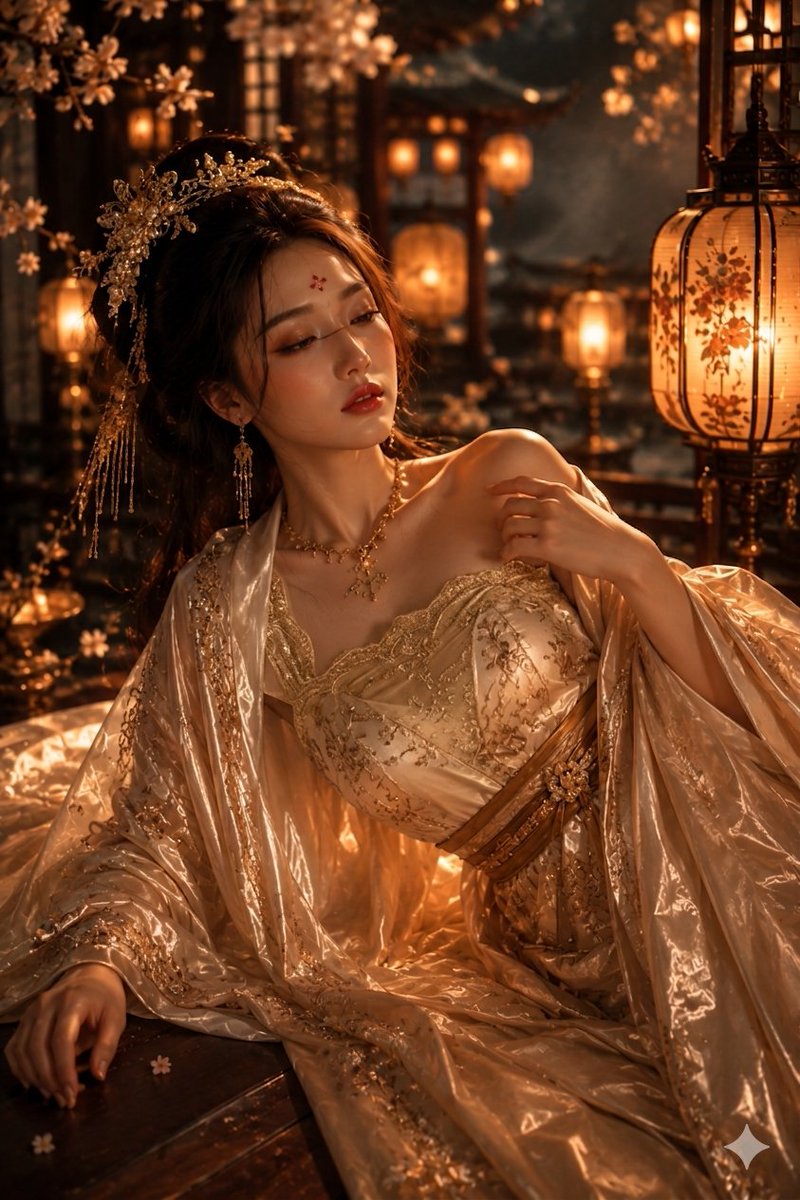 一个超现实、电影感的镜头:一位令人惊艳的东亚女性以中国古代女皇的形象装扮,夜晚优雅地倚卧在装饰华丽的宫廷庭院中。她身穿一件精美绝伦、泛着光泽的金色与香槟色丝绸汉服长袍,带有精致的…