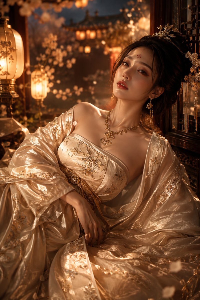 一个超现实、电影感的镜头:一位令人惊艳的东亚女性以中国古代女皇的形象装扮,夜晚优雅地倚卧在装饰华丽的宫廷庭院中。她身穿一件精美绝伦、泛着光泽的金色与香槟色丝绸汉服长袍,带有精致的…