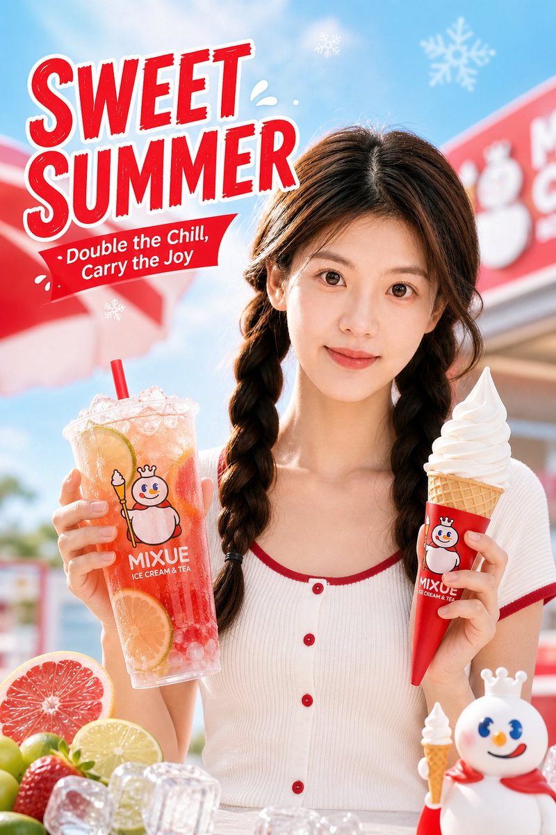 为蜜雪冰城（Mixue Ice Cream & Tea）制作优质商业宣传海报，使用上传的肖像照片作为身份参考。仅参考上传肖像的五官和发型，确保最终结果仅通过该…