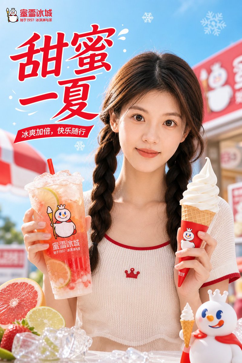 为蜜雪冰城(Mixue Ice Cream & Tea)制作优质商业宣传海报,使用上传的肖像照片作为身份参考。仅参考上传肖像的五官和发型,确保最终结果仅通过该肖像即可实现相似的人…