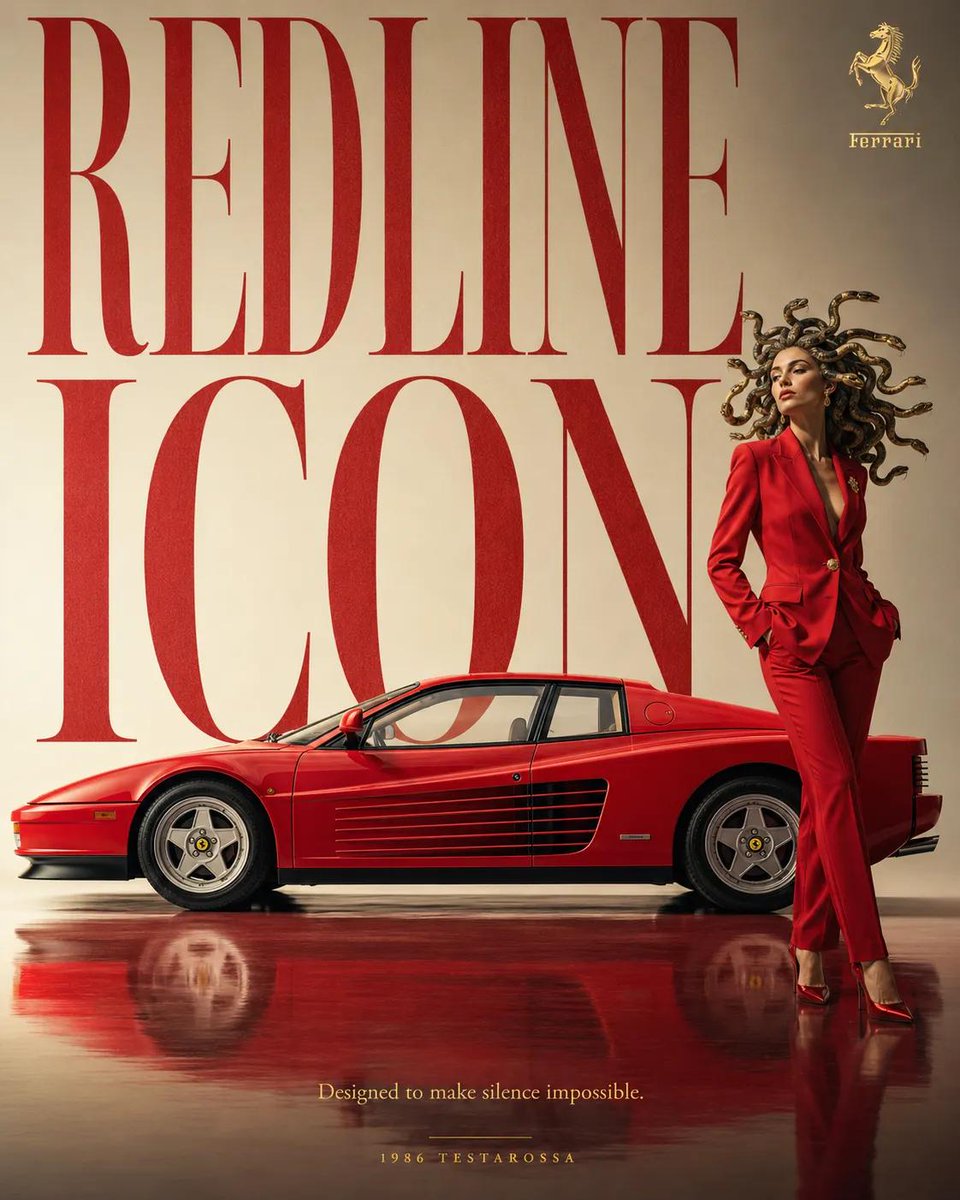 高端超现实汽车广告海报，[BRAND]（品牌）[CAR MODEL]（车型），标志性复古车以干净的侧面视角展示，一位时尚的[CHARACTER]（角色）自信地站在一旁，极简风格影…