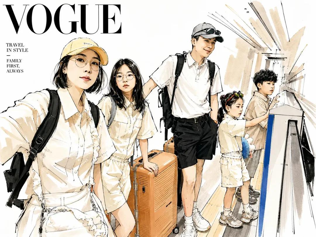 时尚编辑风格水彩插画,灵感源自《Vogue》杂志封面,时髦的现代家庭与朋友摆出随性的旅行自拍姿势,优雅的动漫风格角色配以富有表现力的速写线条艺术,柔和的水彩笔触与墨线轮廓,奢华生…