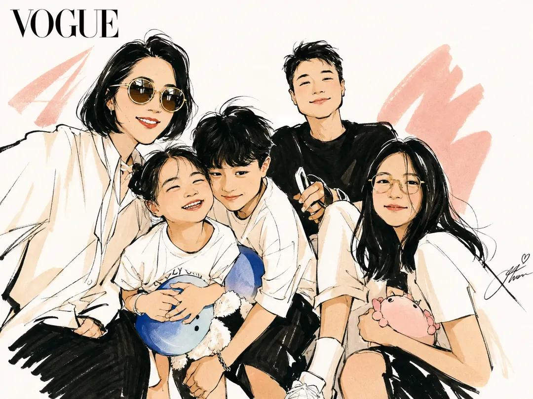 时尚编辑风格水彩插画,灵感源自《Vogue》杂志封面,时髦的现代家庭与朋友摆出随性的旅行自拍姿势,优雅的动漫风格角色配以富有表现力的速写线条艺术,柔和的水彩笔触与墨线轮廓,奢华生…