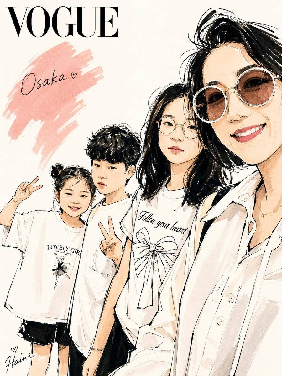 时尚编辑风格水彩插画,灵感源自《Vogue》杂志封面,时髦的现代家庭与朋友摆出随性的旅行自拍姿势,优雅的动漫风格角色配以富有表现力的速写线条艺术,柔和的水彩笔触与墨线轮廓,奢华生…